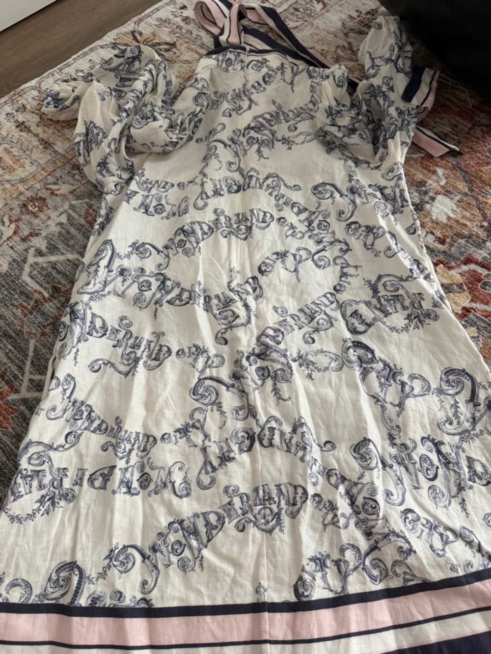 Zimmermann Cream Mini Dress with Navy Scroll Print and Striped Tie-Neck - Picture 10 of 11